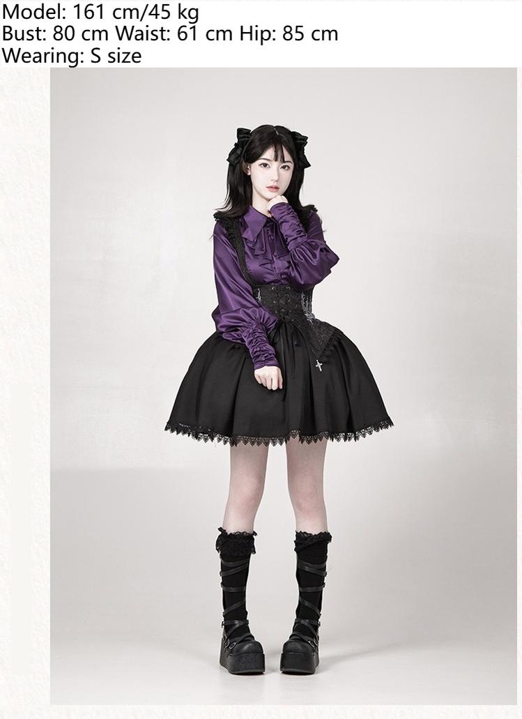 With PUJI~Thorn Night~Gothic Lolita Satin Shirt Solid Color Fake Two-Piece Blouse