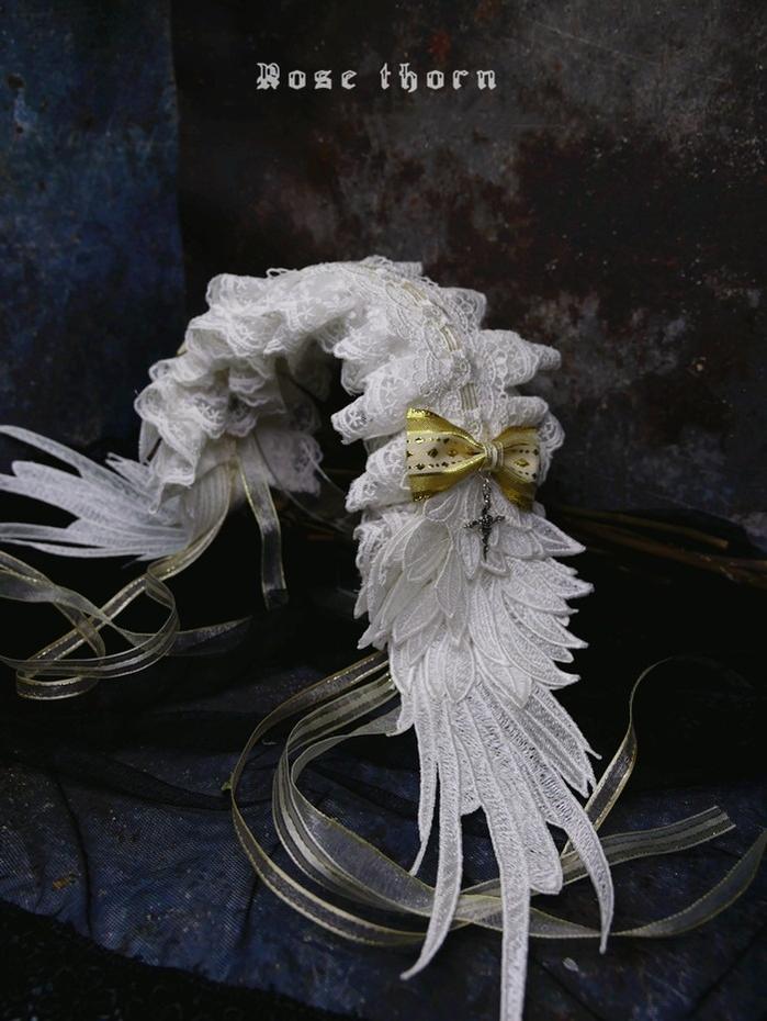 Rose Thorn~Angel Wings~Embroidered Crafted Headband Elegant Lolita Hair Accessories White + gold  