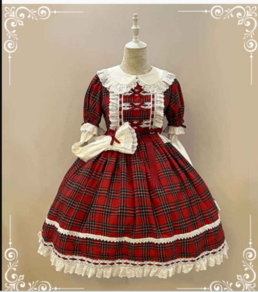 (BFM)Little Bear~Laura's Doll~Vintage Lolita Dress Cotton OP JSK Splicing Sleeves   