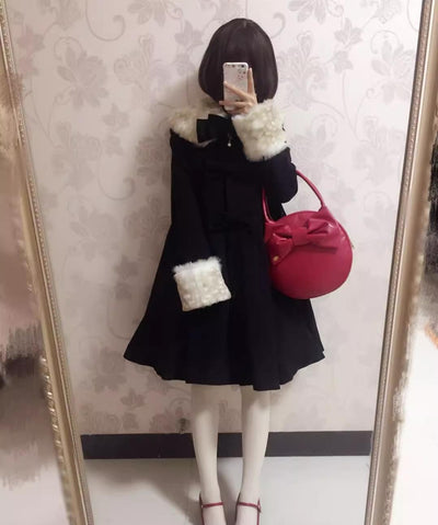 Unideer~Winter Lolita Coat Wool Bow Overcoat S Black 