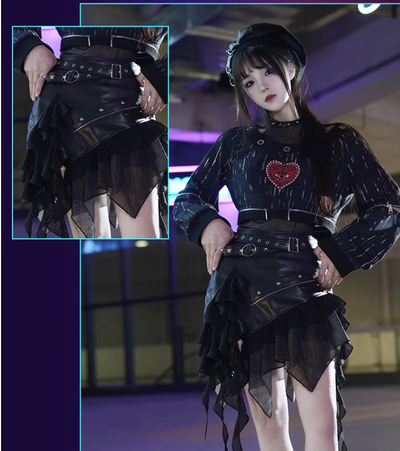 YingLuoFu~Vintage Punk Lolita Heart Pattern Black Skirt Suit   