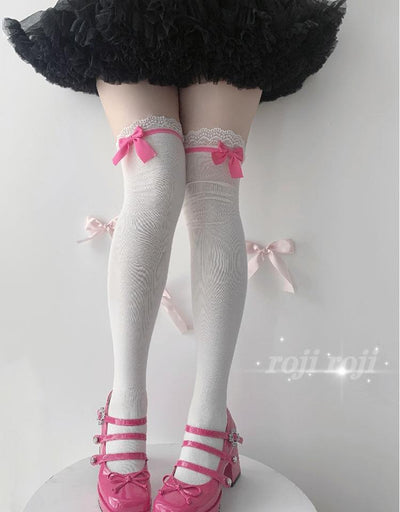 Roji roji~Spring Lolita Socks Mid-calf Socks Over Knee Stockings Free size Rose pink over knee socks 