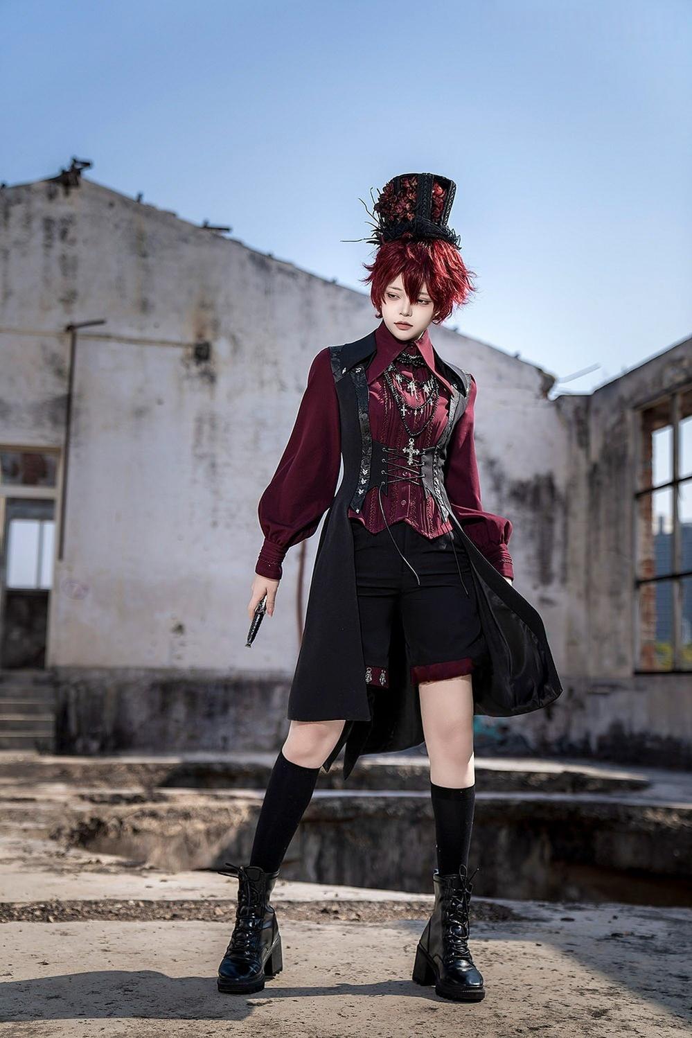 Princess Chronicles~Red and Black 4.0~Ouji Lolita Shorts Outfit Long Vest Prince Blouse