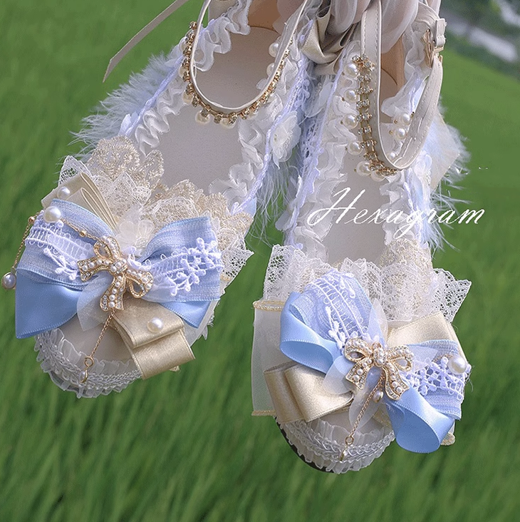 Hexagram~Elegant Lolita Flowers Wedding High-heels Customized 43 (heel height 6cm/3cm/9.5cm) light blue 