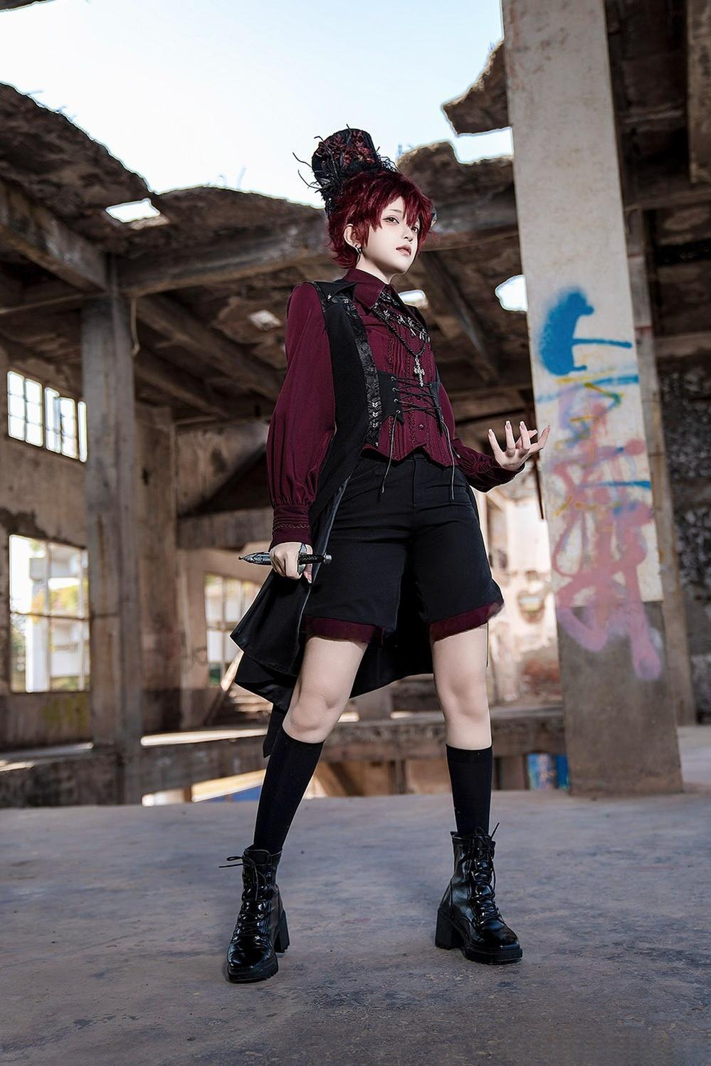 Princess Chronicles - Red and Black 4.0 - Ouji Lolita Shorts Outfit Long Vest Prince Blouse