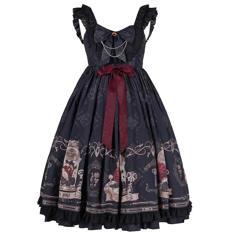 Nightingale and Rose - Classic Lolita Chiffon Dress, Rose & Birdcage Print S Black JSK Only