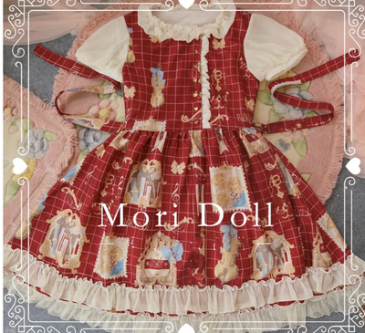 Mori Doll~Artist~Sweet Bow Pattern Print OP Multicolors S burgundy OP+a side clip 