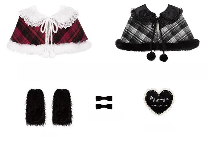 With PUJI - Snow Night Serenade - Fluffy Plaid Kawaii Lolita JSK, Reversible Cape 44279:802373