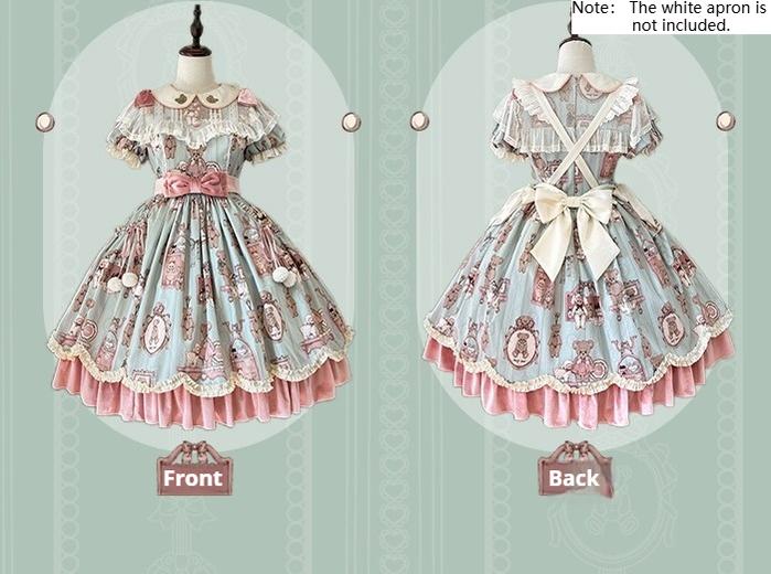 Alice Girl~Bear Doll Wall~Sweet Lolita OP Lovely Bear Print Dress   