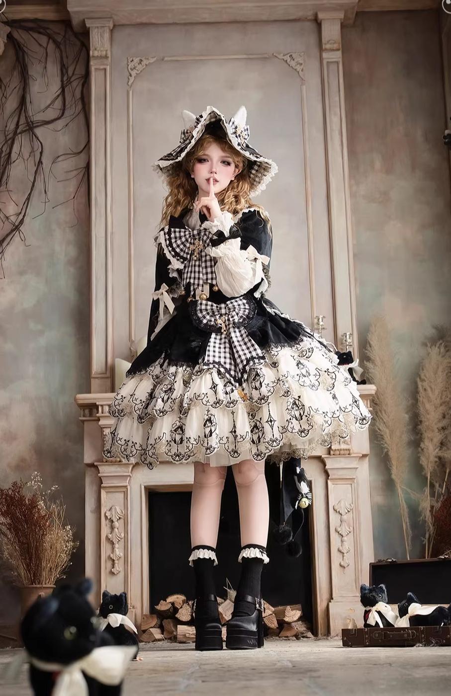 Cat Witch - Embroidered Gothic Lolita JSK Dress, Cat Ear Witch Hat 44741:821358