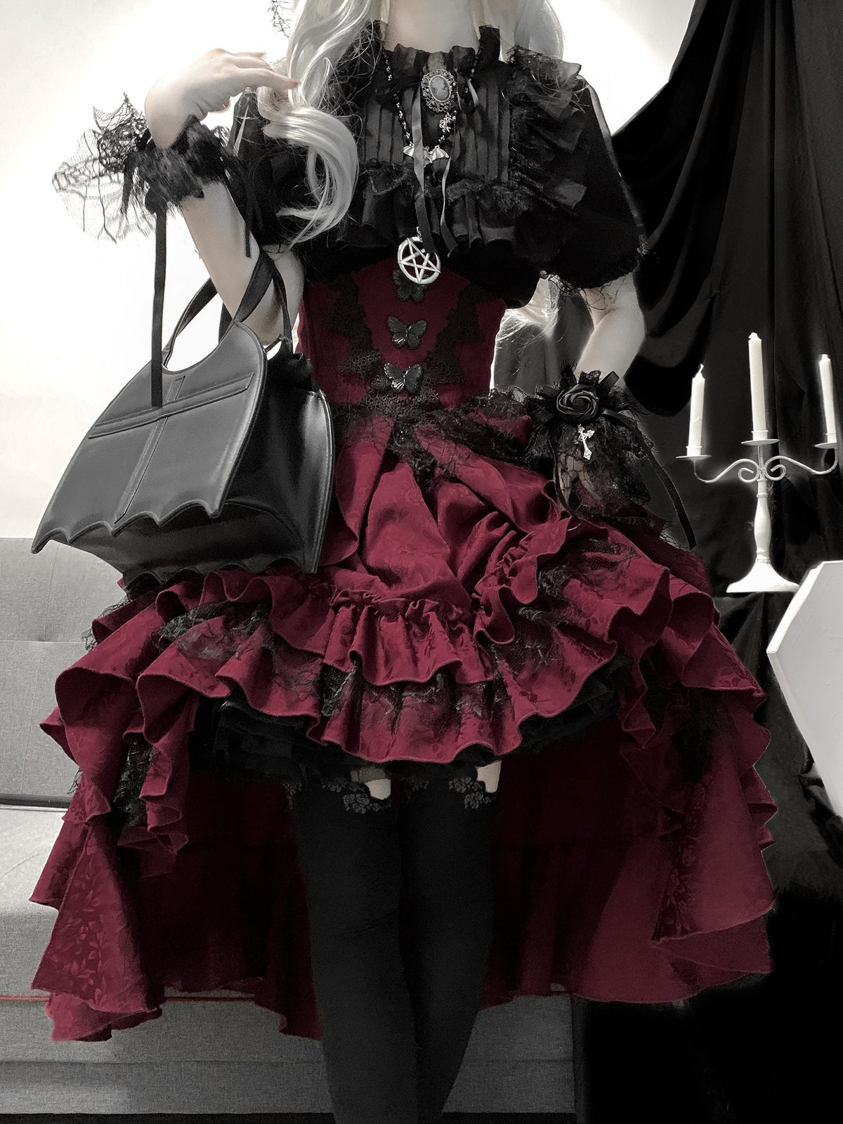 Mistshroud Manor - Gothic Lolita Blouse & Boned Waist SK, Drawstring Lift-up Hem 45909:867721
