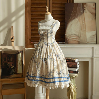 (BFM)Aurora Borealis~Rose Waltz~Elegant Vintage Lolita Collared Vest JSK Dress XS vintage beige print 