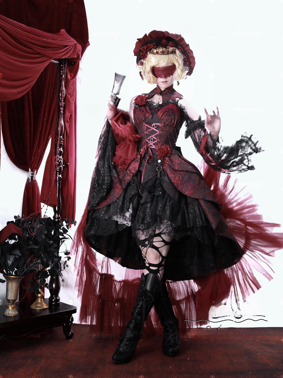 Cornfield Lolita~Rose Blood~Black Red Gothic Lolita JSK Jacquard Court Dress 40688:673098