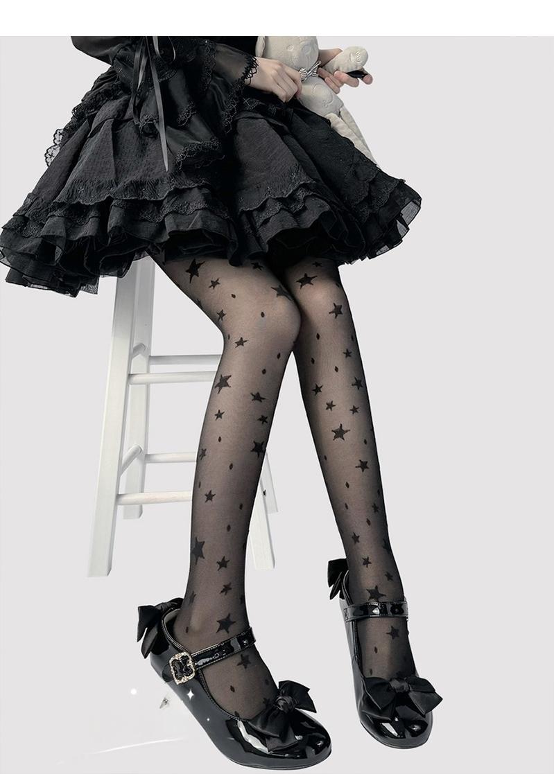 Hua Nai Cat - Summer Kawaii Lolita Thin Tights Sheer Pantyhose with Star Pattern Black One Size