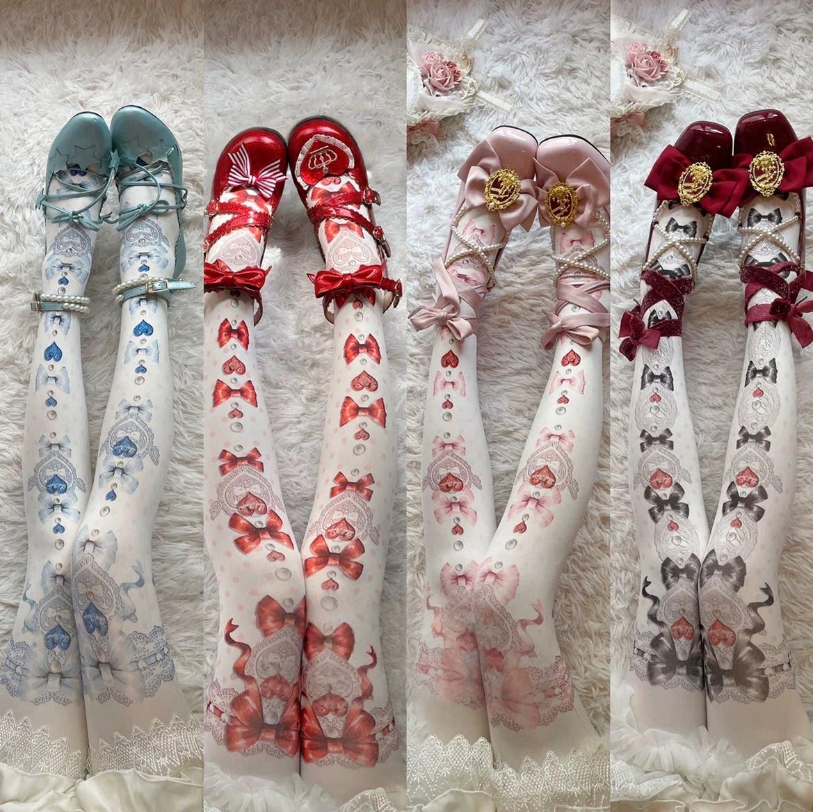 Sweet Lolita Polka Dot Printed Tights, Hearts and Bows Accent (Black Pink Red) 45224:841292