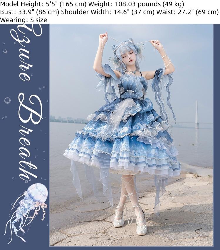 YingLuoFu - Blue Breath Jellyfish - Classic Lolita Jumper Dress, Side Zipper
