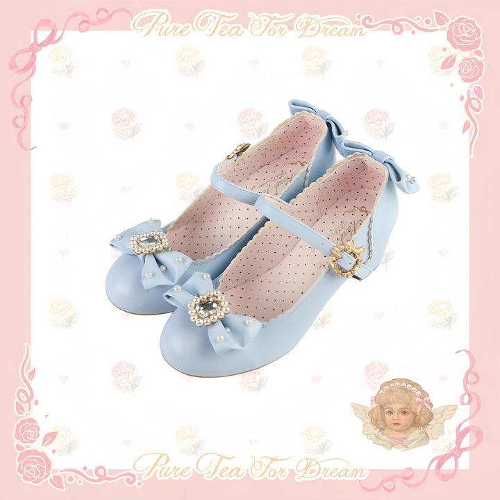 Pure Tea For Dream~Vintage Gemstone~Sweet Lolita Shoes Round Toe Heels with Bow Light blue 35