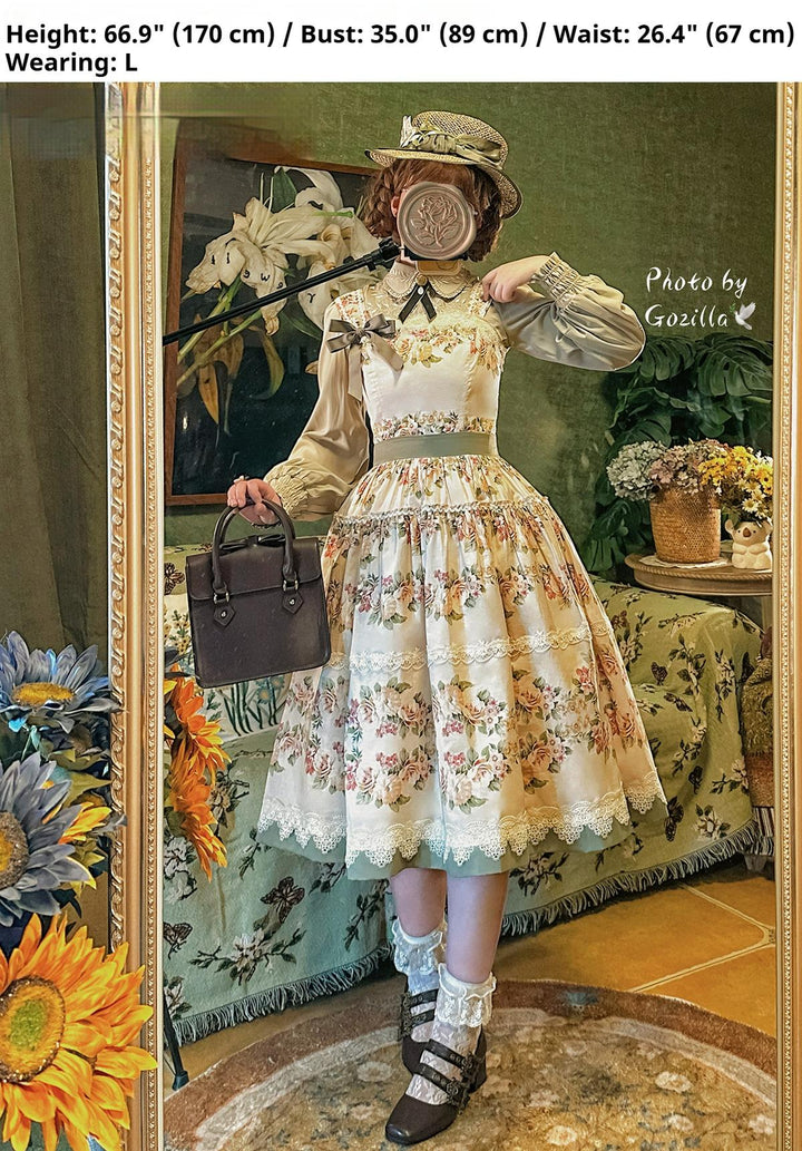 Surface Spell - Blooming Roses Over a Porch - Cotton Elegant Lolita JSK Dress, Floral Print