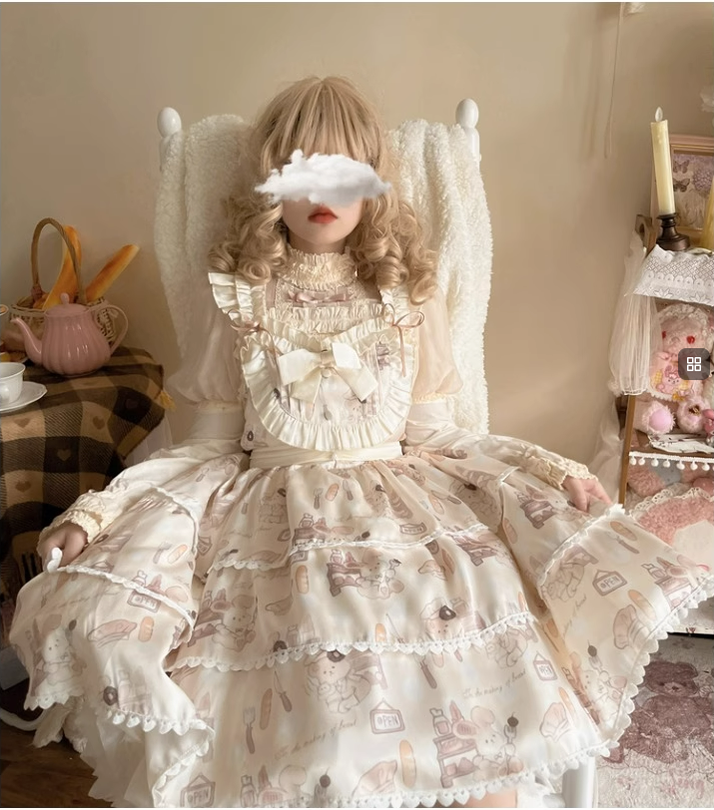 Niu Niu - Plus Size Lolita Jumper Dress, Beige Sweet Short Sleeve 13936:797010