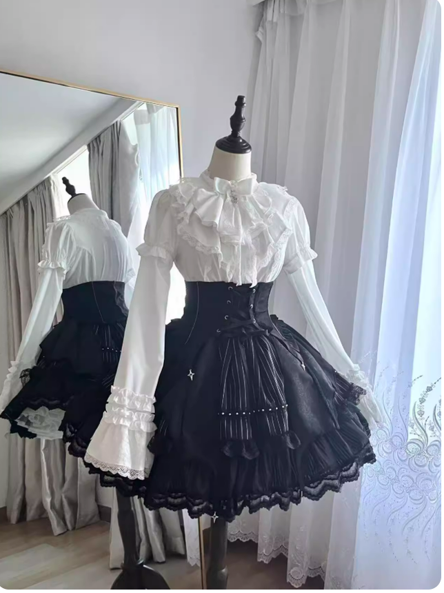 Twilight Song - Trace Bone - Black Gothic Lolita SK & Waist Cincher White Hime Sleeve Blouse + Waist Cincher + SK XS