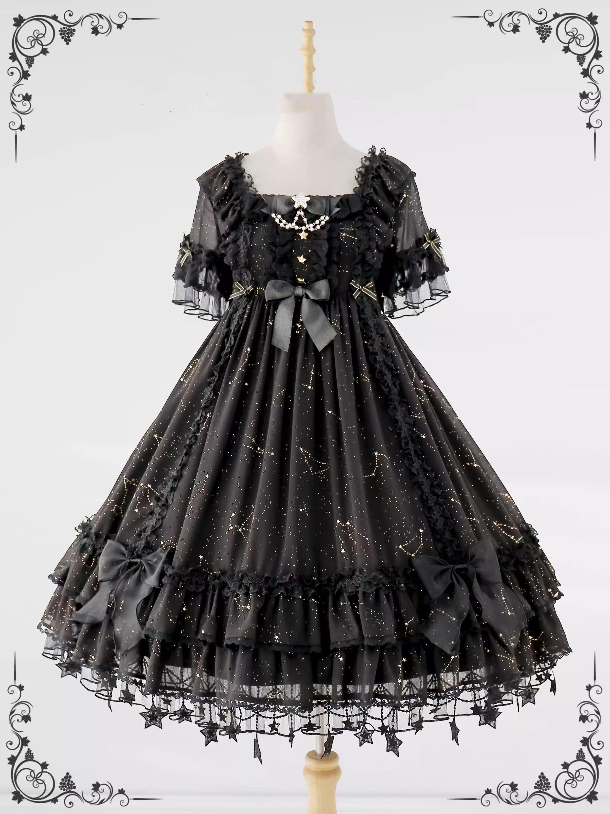 Sakuya Lolita - Whisper of Stars - Vintage Lolita OP Dress Constellation-themed Black Lolita Dress S black OP only (with round brooch instead of star brooch)