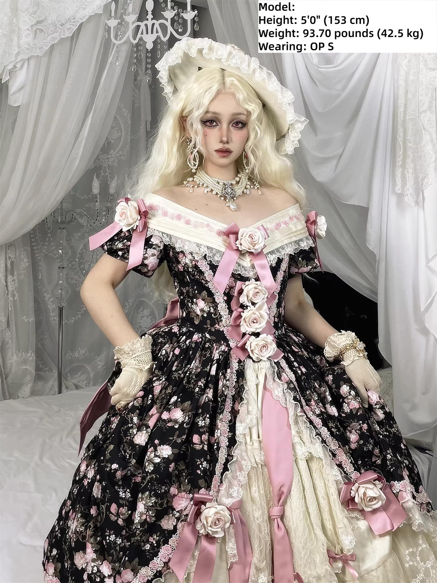 Dolota Flower Wall - Classic Lolita Floral OP Dress, Open Shoulder 44485:811281