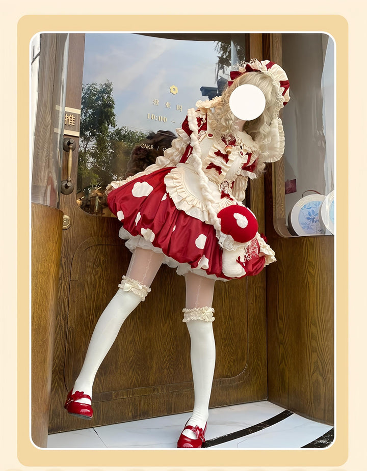 Sakurahime~Mushroom~Kawaii Lolita OP Dress with Apron and Detachable Sleeves