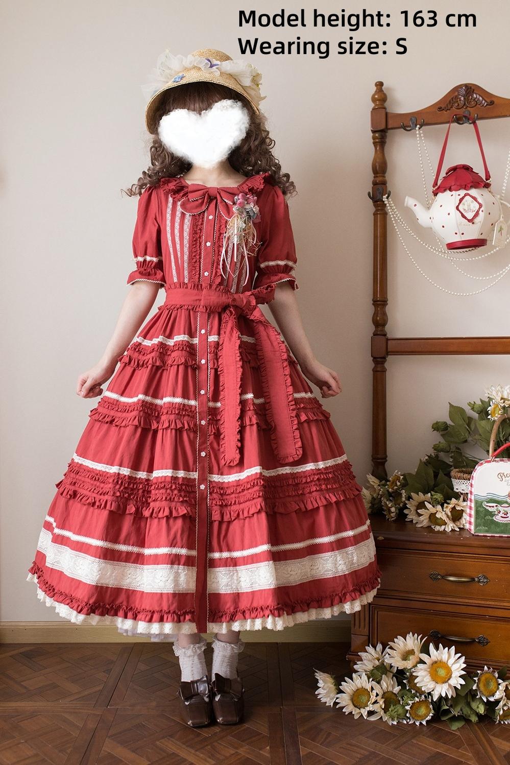 Miss Point~Cat Rose Tea~Elegant Lolita OP Open-front Short Sleeve Tiered Dress