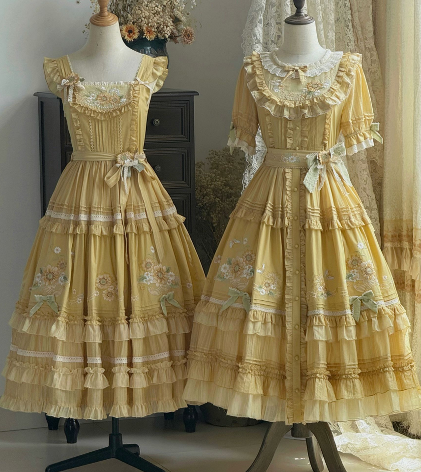 Moonlight Amber - Sunflower - Embroidered Country Lolita Dress, Tiered Skirt