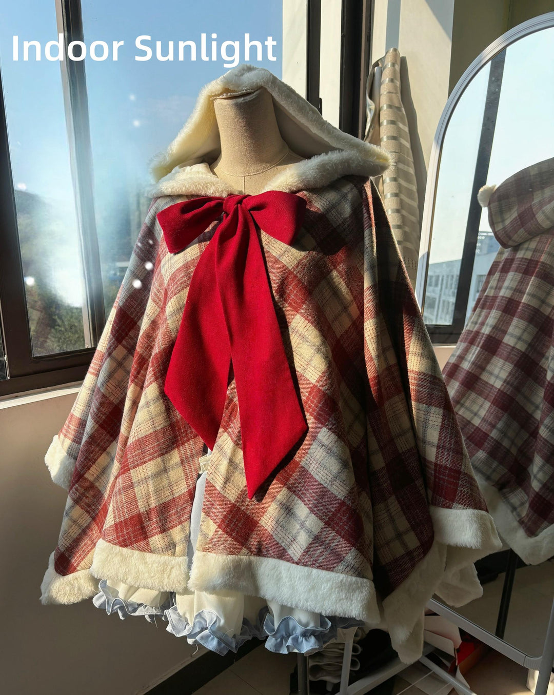 Qianmu~Waffle~Kawaii Lolita Cape Daily Lolita Plaid Hoodie Cloak Red cape only