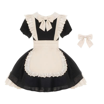 With PUJI~Kiss Kiss~Vintage Lolita OP Dress Maid Lolita Dress Black short OP S 