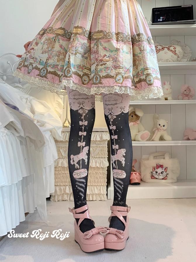 Roji Roji~Sweet Lolita Tights Velvet Printed Lolita Pantyhose Black Free size(fit height 150-175 cm)