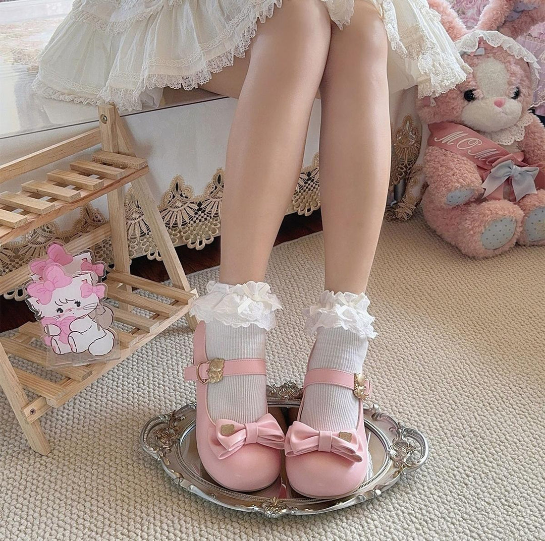 Sheep Puff~Mikko Hug~Sweet Lolita Shose Round Toe Lolitta Heels Butterfly Bow   