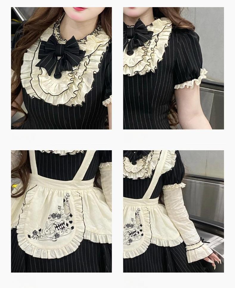 Chubby Cat Diary - Afternoon Tea - Striped Sweet Lolita OP, Petal-Ruffled Apron 44318:804584