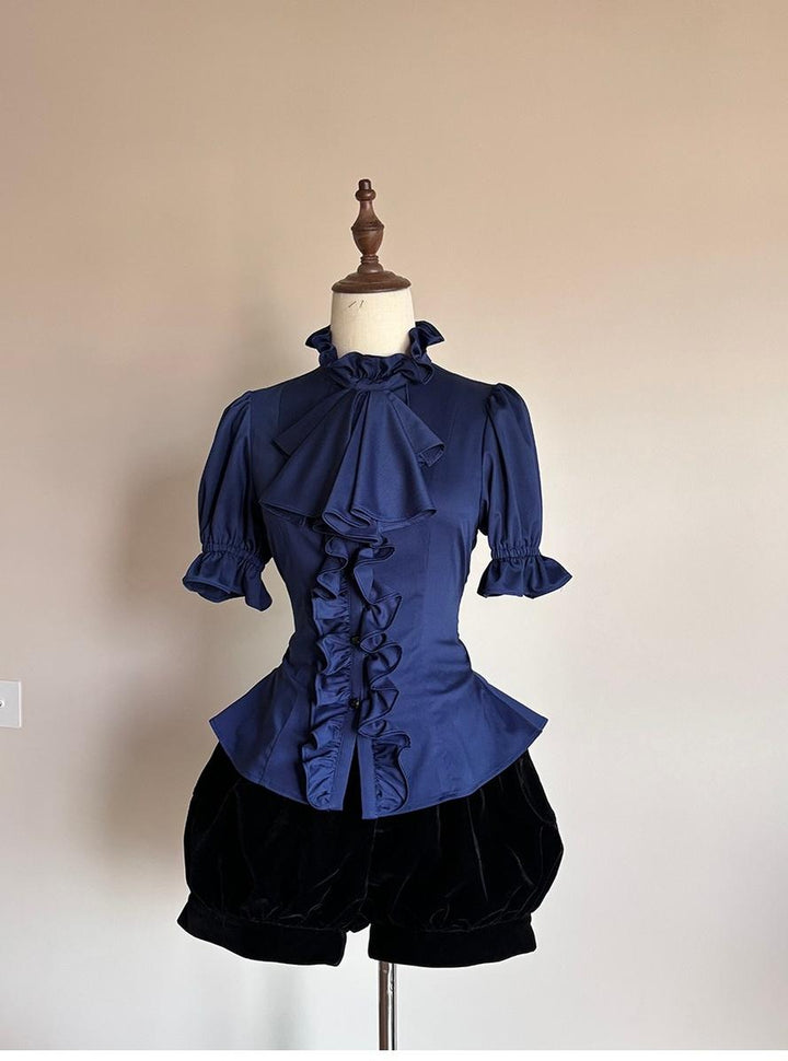 FlowerFairyDaily~Trace Night~Gothic Lolita Short-sleeved Shirt with Adjustable Waist
