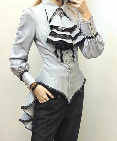 Little Dipper~Gothic Lolita Long Sleeve Shirt Long Blouse S Light grey (pre-order) bow tie not included 