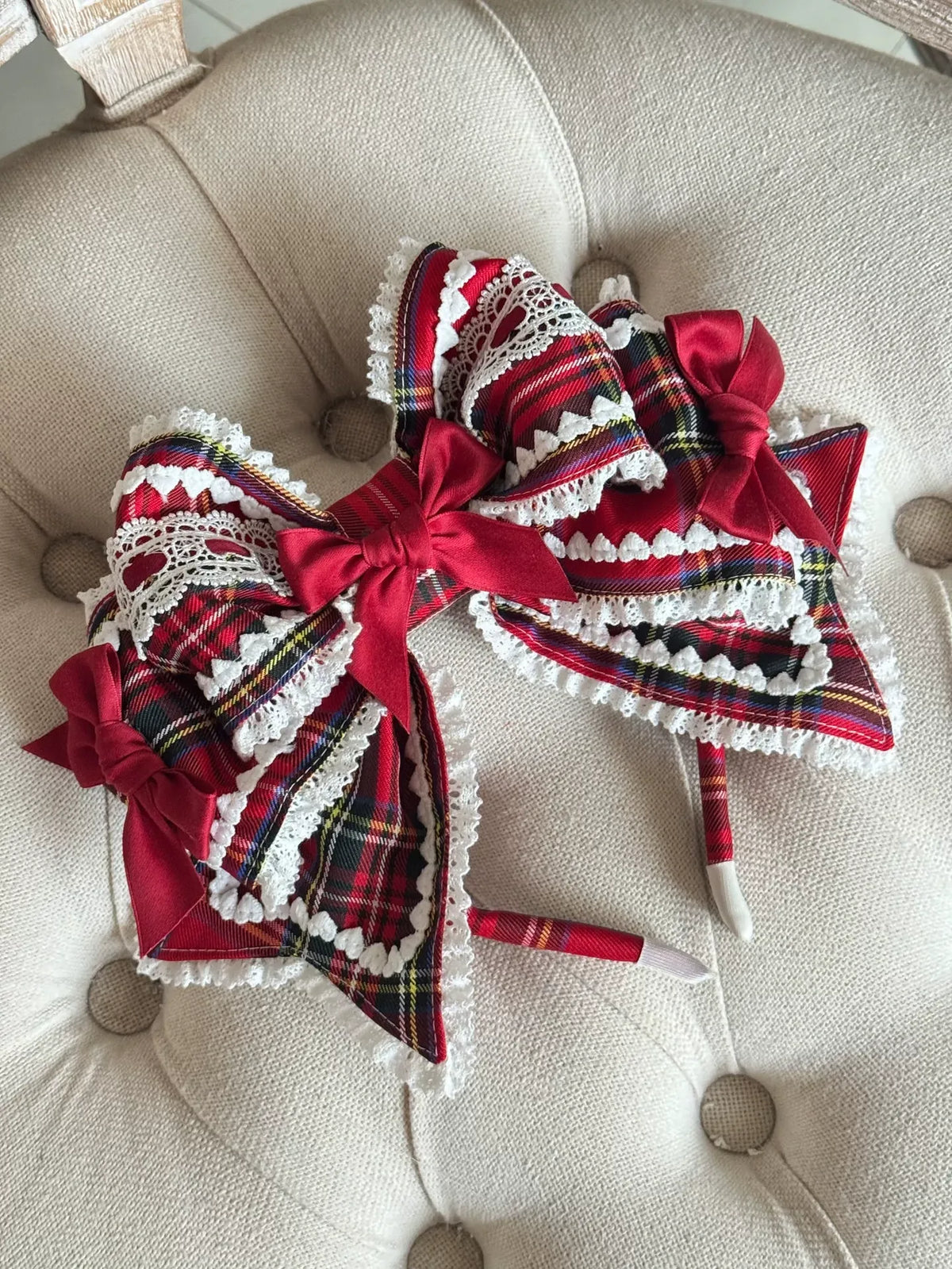 Red Plaid Lolita Headdress, Wire-edged Bunny Ear BNT Bow KC