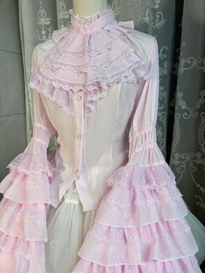 Dark Night - Gothic Lolita Hime Sleeve Blouse, Detachable Jabot Pink Blouse (chiffon) XS