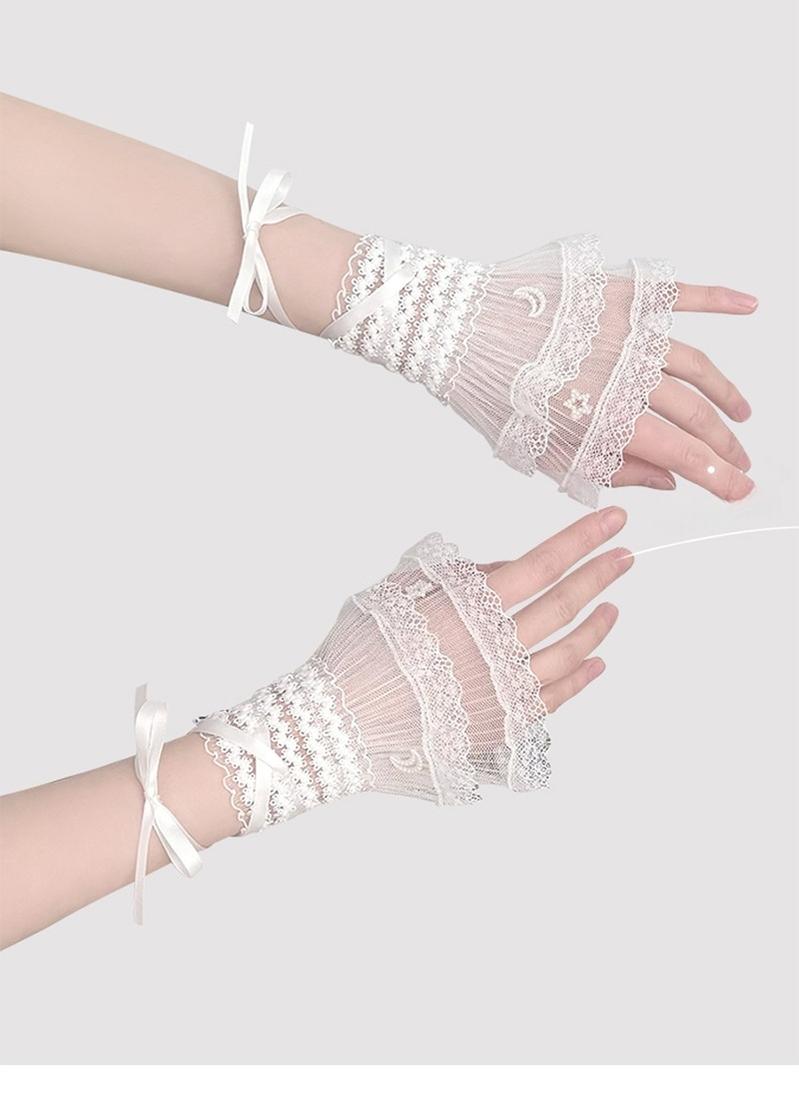 Hua Nai Cat - Star and Moon - Bridal Lolita Cuffs White and Black Ballet Style Lace Cuffs One Size White