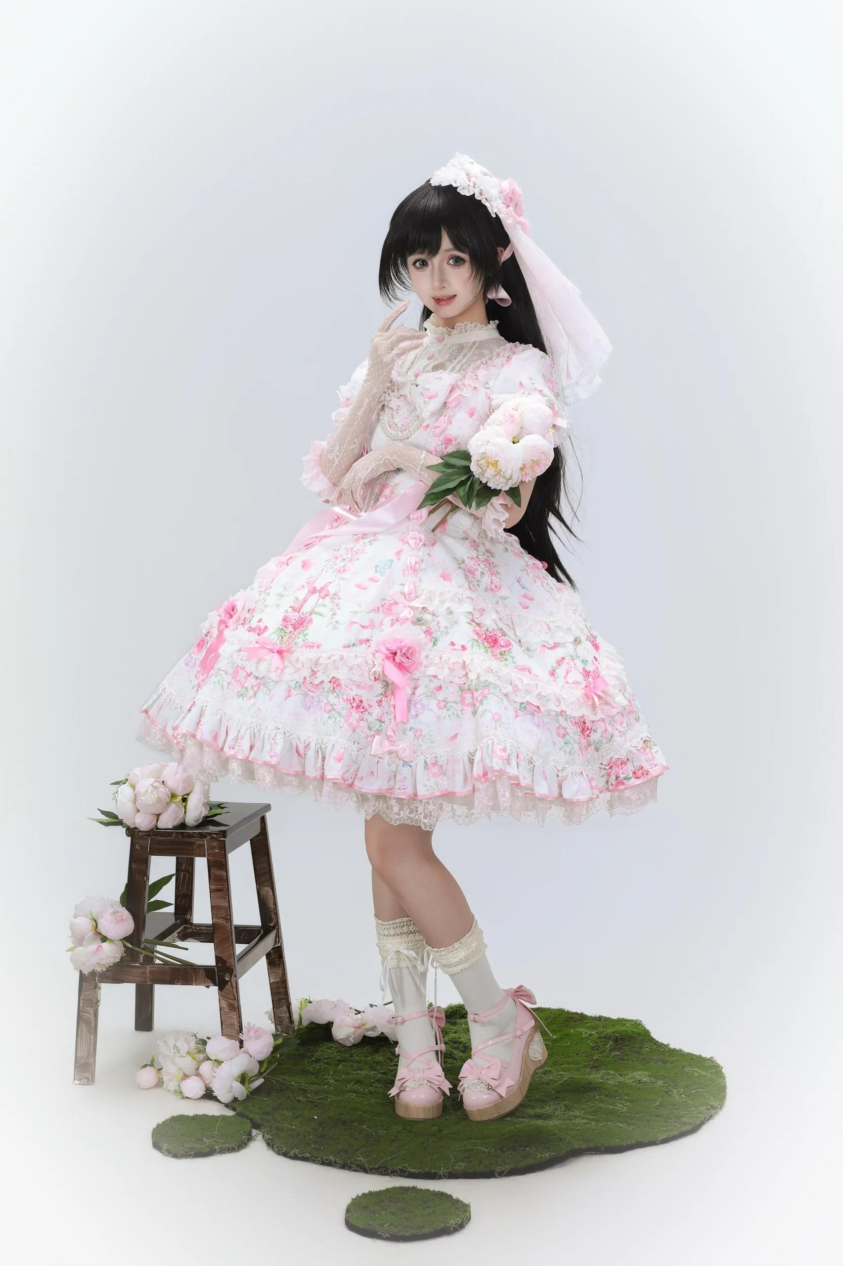 Eternal Vow - Old School Lolita Jacquard OP, Floral and Butterfly Print 45830:865738