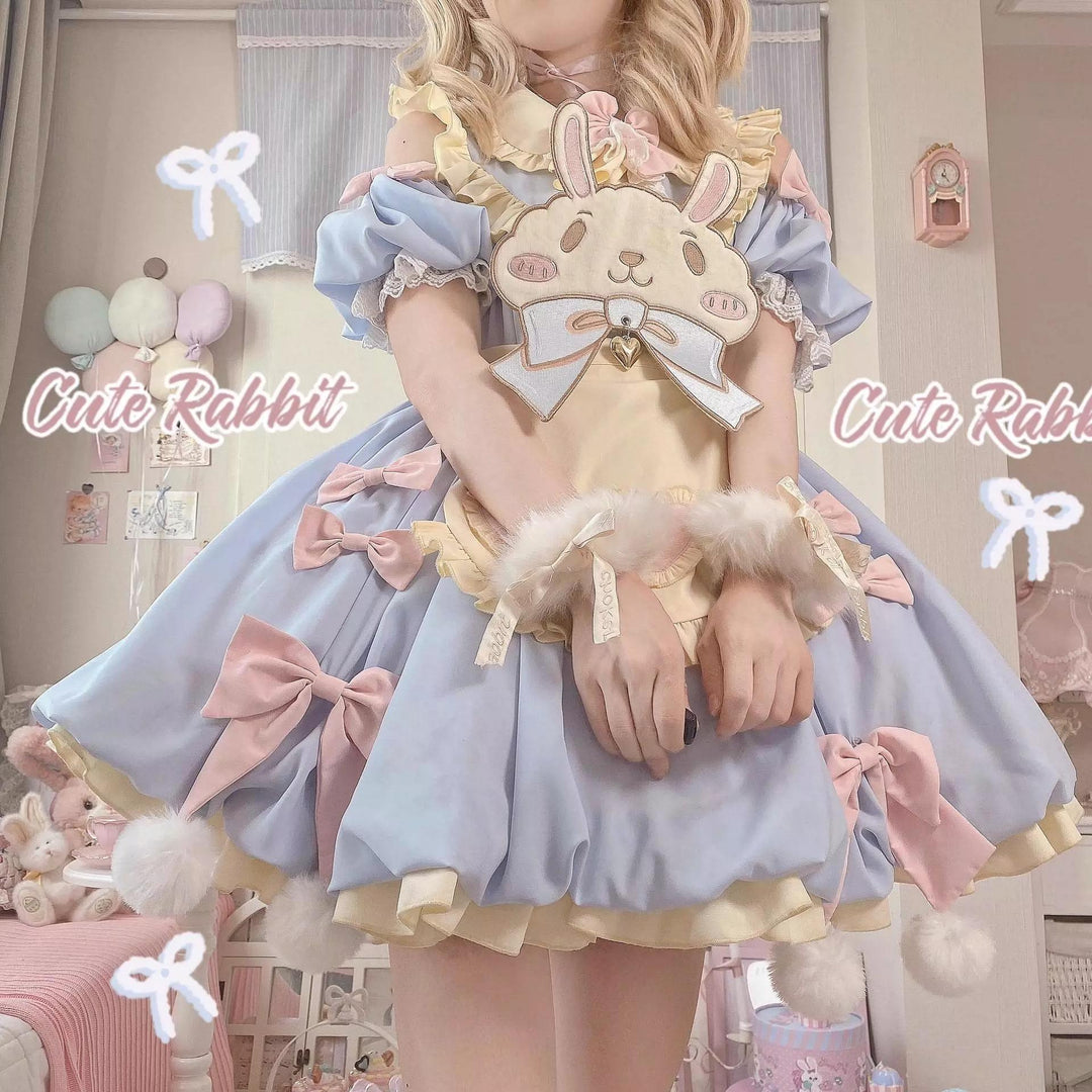 Cute Girl~Zero Card Rabbit~Kawaii Lolita OP Dress Long Sleeve Dress S Short Sleeve Blue Bunny OP Set (with pannier) 