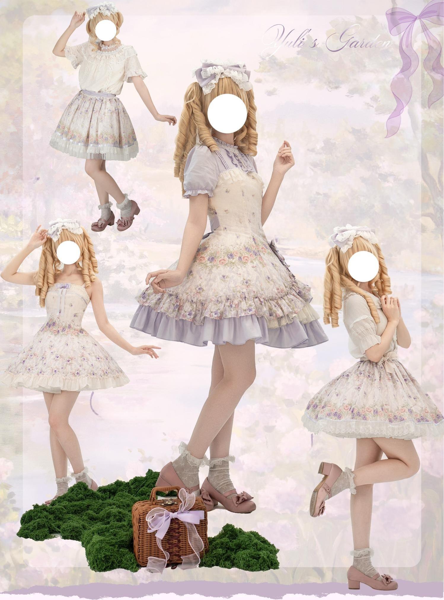Yuri's Garden - Classic Floral Printed Lolita Dress with Lace 45541:852362