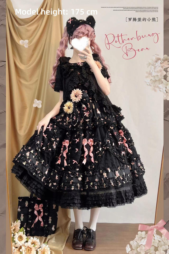 MONO GIRL~Rottengburg Bear~Sweet Lolita JSK Print Hollow-out Ruffles Dress 40730:674912