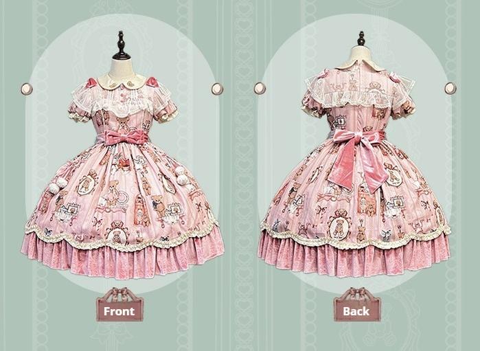 Alice Girl~Bear Doll Wall~Sweet Lolita OP Lovely Bear Print Dress   