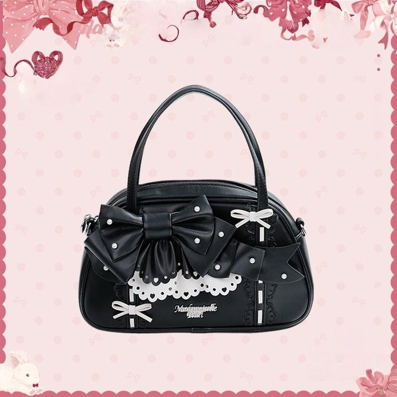 Mademoiselle Pearl~Bow Rabbit~Sweet Lolita Handbag With Bows & Pearls Black Free size