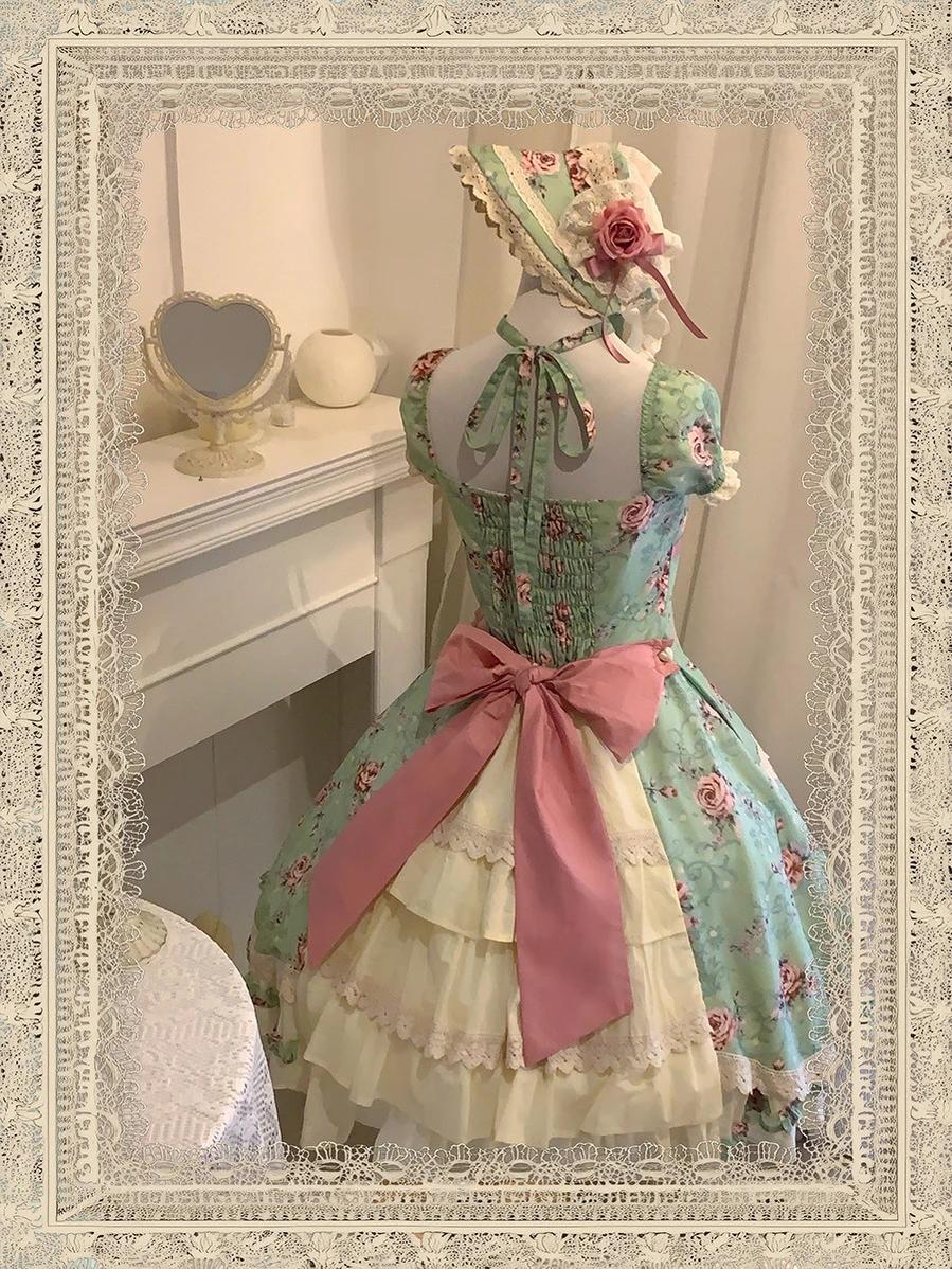 Starry Whisper - Six-panel Old School Lolita Rose Print OP Dress, Back Opening 45791:865218