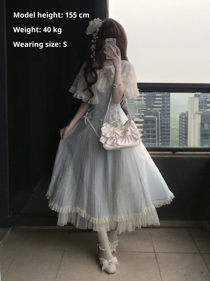 Kuma~Little Wind Chime~Elegant Lolita OP Water Blue Dress With Decorative Tulle Cape