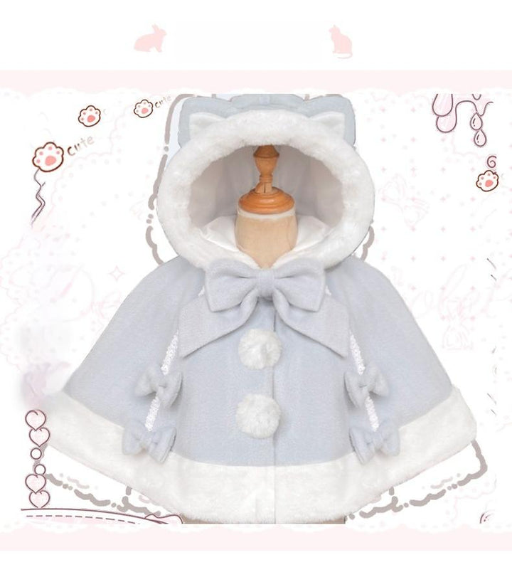 ZhiJinYuan~Kawaii Lolita Cape Winter Lolita Cat Rabbit Ear Coat Cheese Cat Blue Cape Only Free Size