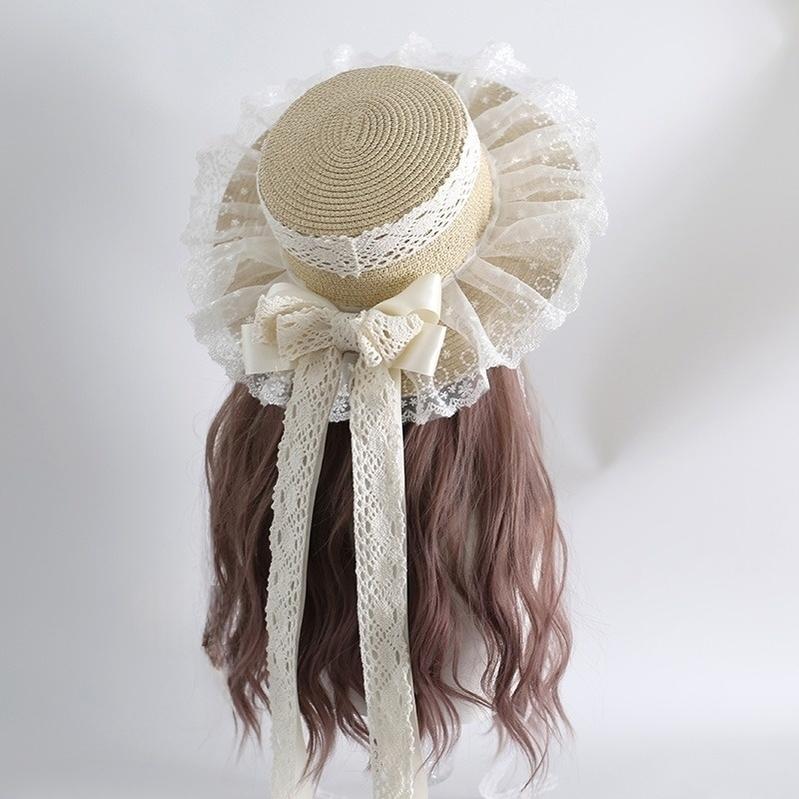 Xiaogui - Country Lolita Straw Hat Summer Hat with Lace and Bow S (50-53 cm / 19.7-20.9 inches) Straw hat with lace tie only