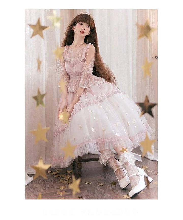 Nikki Tomorrow~Stars Descending~Pink Classic Lolita OP Mesh Embroidery Dress